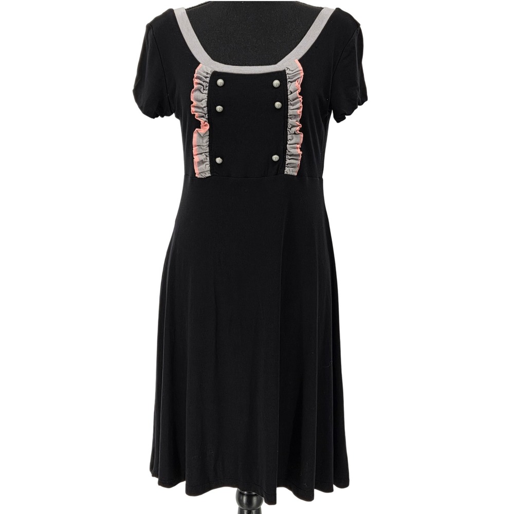 Annie50 Women's Large Ruffle Bib Noir Lined Fit &‎ Flare Dress Black Trim Jersey
